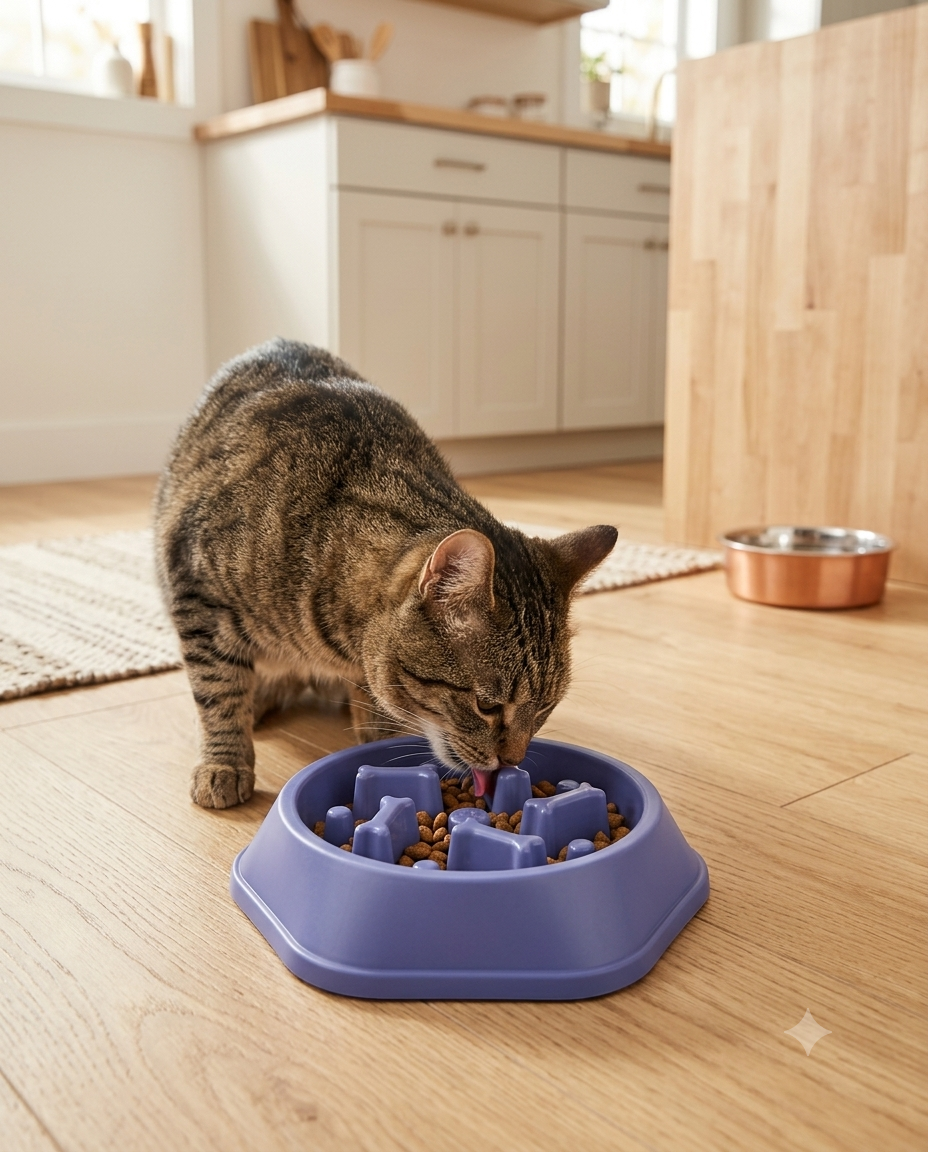 Cat eating from the purple SlowSavor slow feeder in a bright kitchen