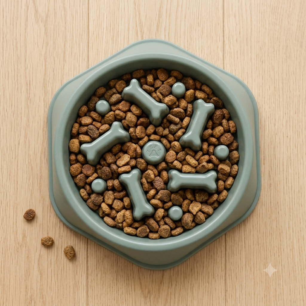 Overhead view of the green SlowSavor slow feeder filled with kibble