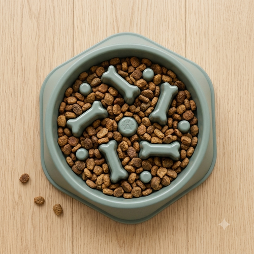 Overhead view of the green SlowSavor slow feeder filled with kibble