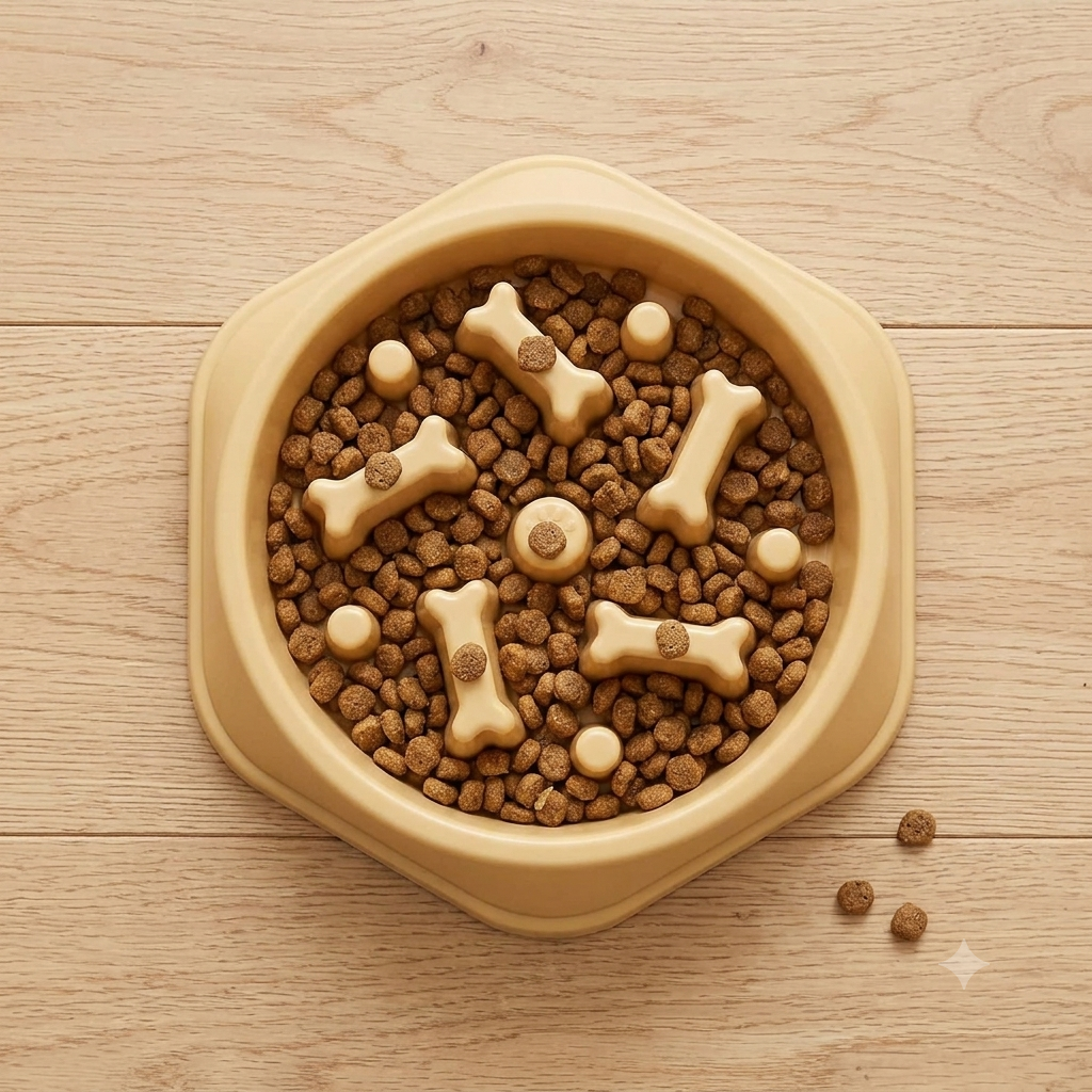 Overhead view of the yellow SlowSavor slow feeder with kibble